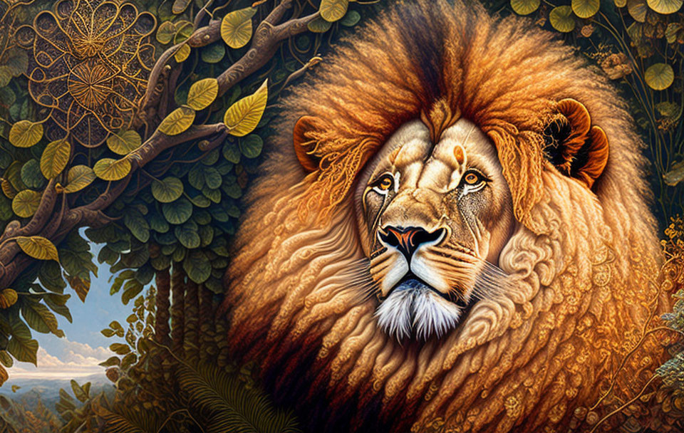 Detailed illustration of majestic lion with full mane in lush foliage.