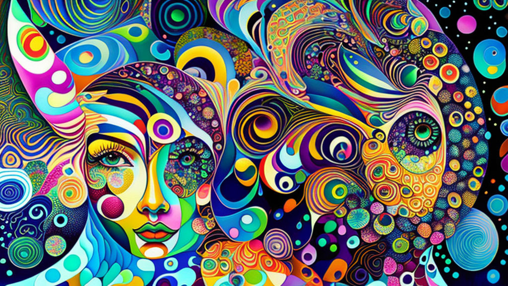 Colorful psychedelic artwork with female figure and swirling designs