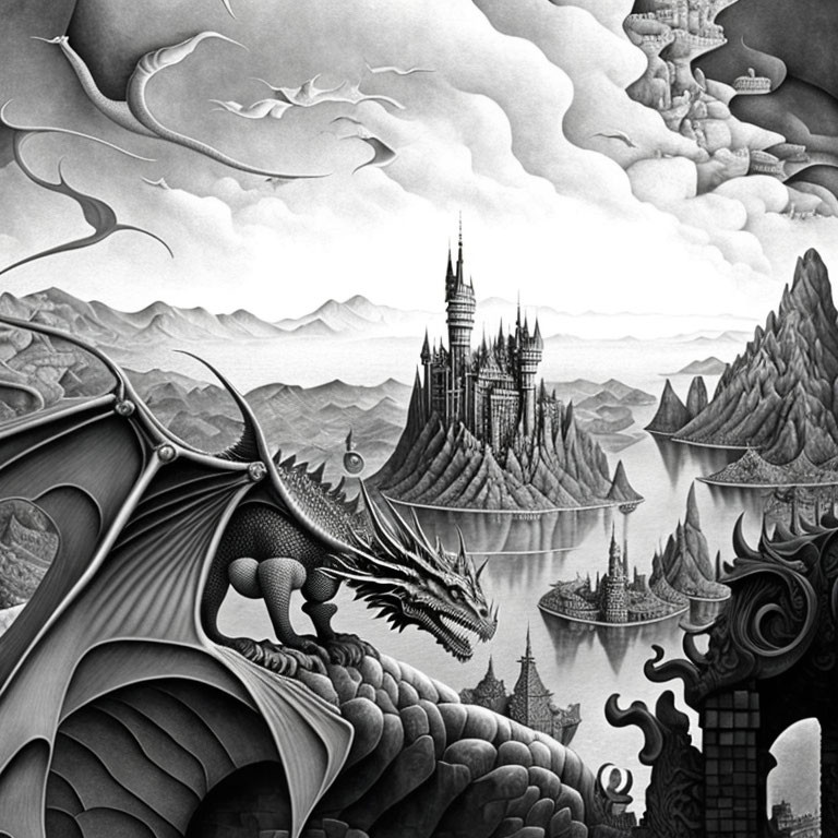 Monochrome fantasy landscape with dragon, castles, mountains, and flying creatures