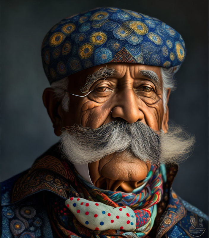 Elderly gentleman with white mustache in blue turban and scarf