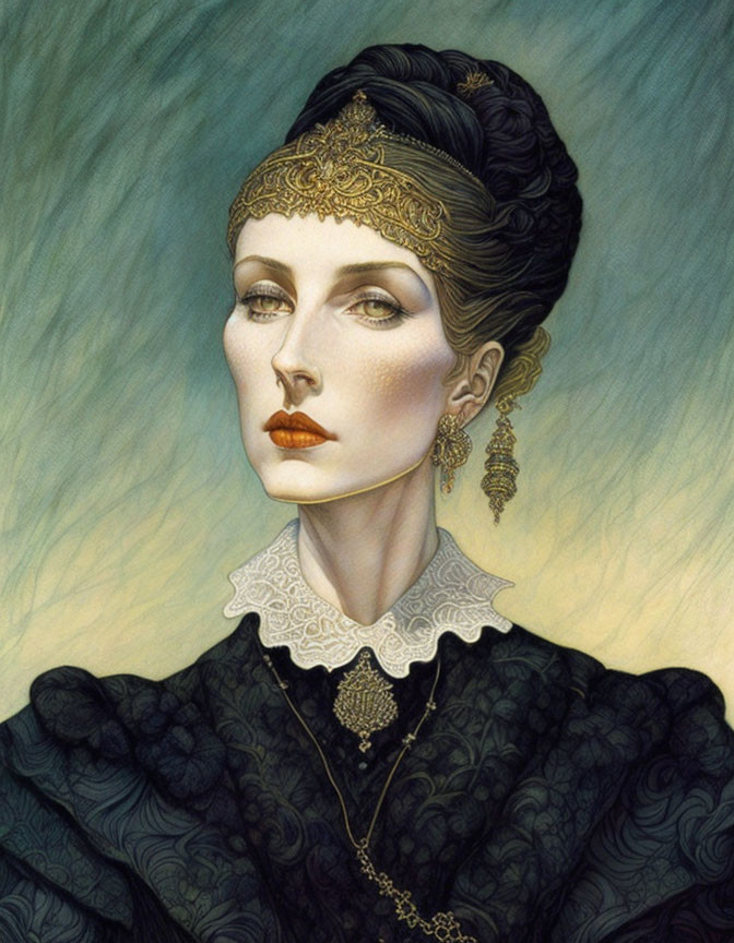 Detailed portrait of a woman with gold headpiece, elegant earrings, lace collar, and vintage hairstyle