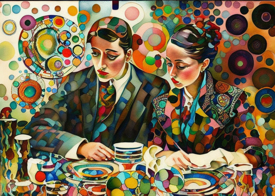 Abstract painting of two individuals in plaid at a table with teacups