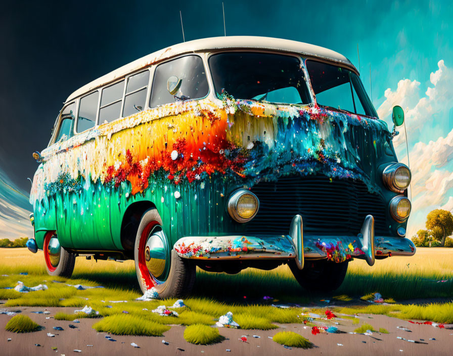 Colorful Vintage Van Parked in Field Under Dramatic Sky