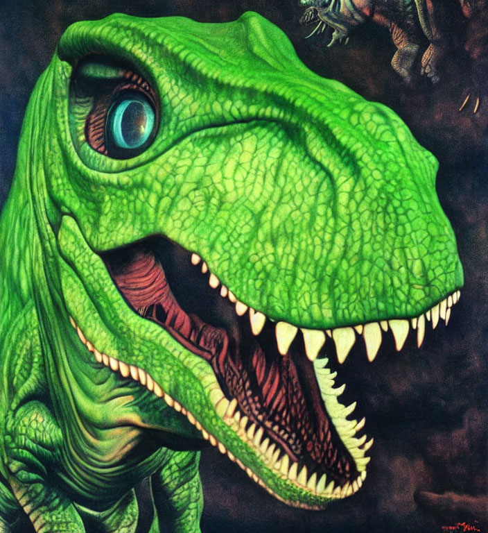 Colorful Dinosaur Painting with Velociraptor-Like Creature and Other Dinosaurs