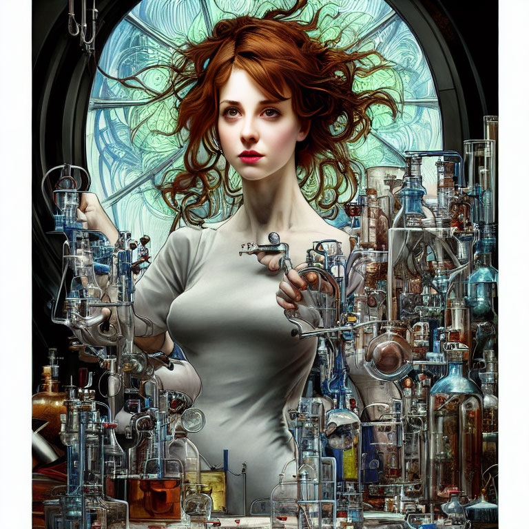 Woman with flowing hair surrounded by glass lab equipment and intricate window design