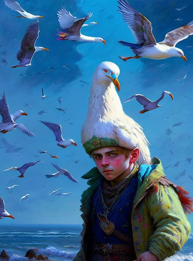 Person in vintage clothing with hat by the sea, surrounded by seagulls