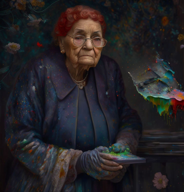 Elderly Woman with Red Hair and Glasses Holding Palette in Surreal Setting