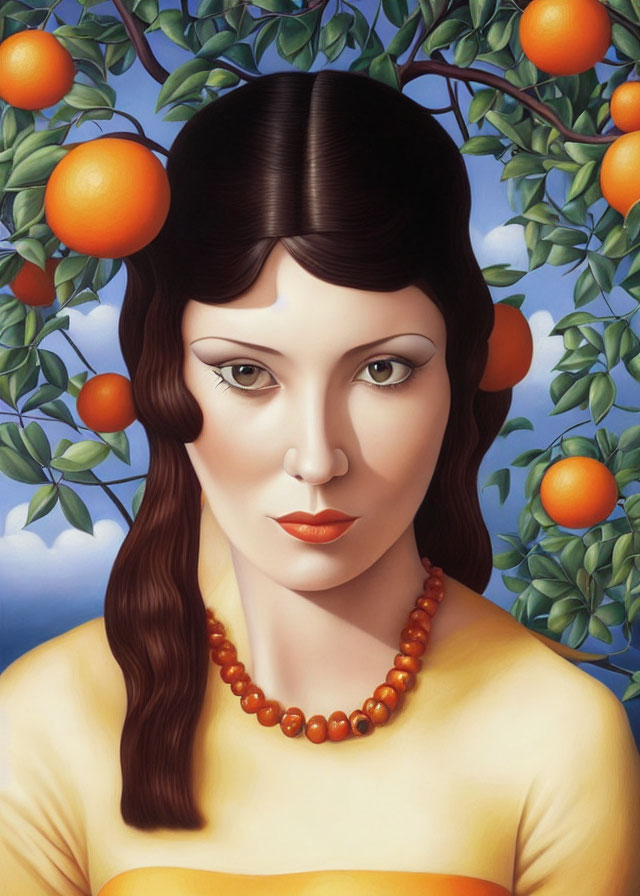 Portrait of Woman with Dark Hair in Orange Beads on Blue Background with Fruit and Leaves