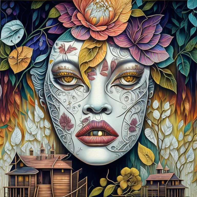 Colorful Artwork: Woman's Face with Floral Skull Makeup, Leafy Background & Houses