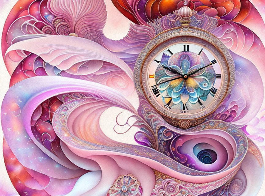 Abstract illustration featuring a clock, butterfly, and colorful patterns