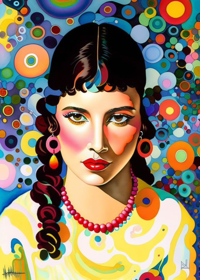 Colorful portrait of woman with braided hair and vibrant patterns in background