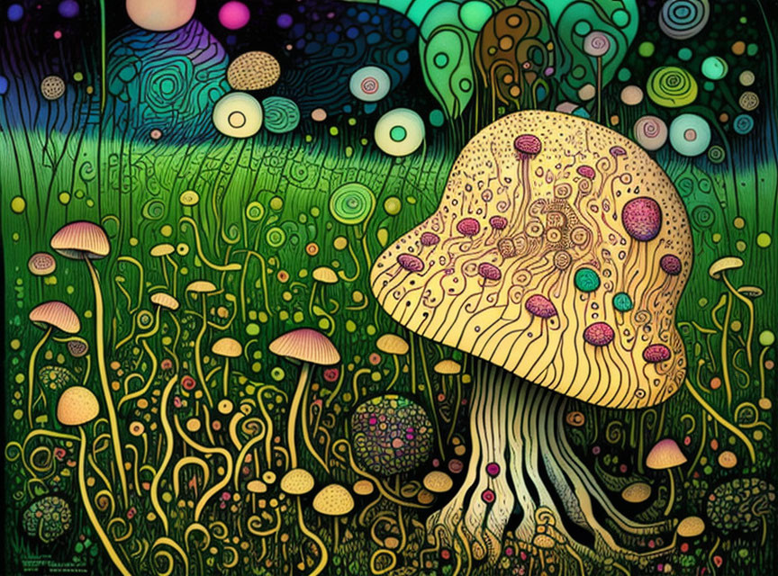 Colorful psychedelic mushroom in whimsical landscape