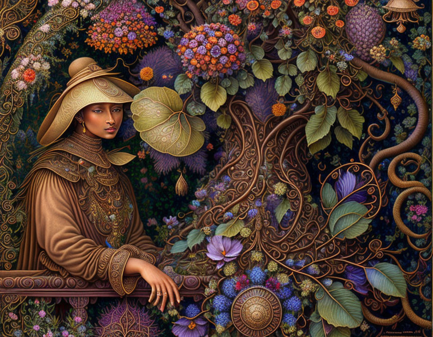 Woman in Wide-Brimmed Hat Surrounded by Lush Flora and Ornate Patterns