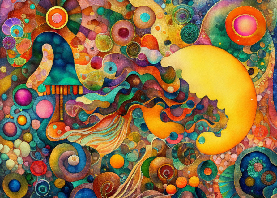 Colorful Abstract Painting with Textured Swirls and Dots