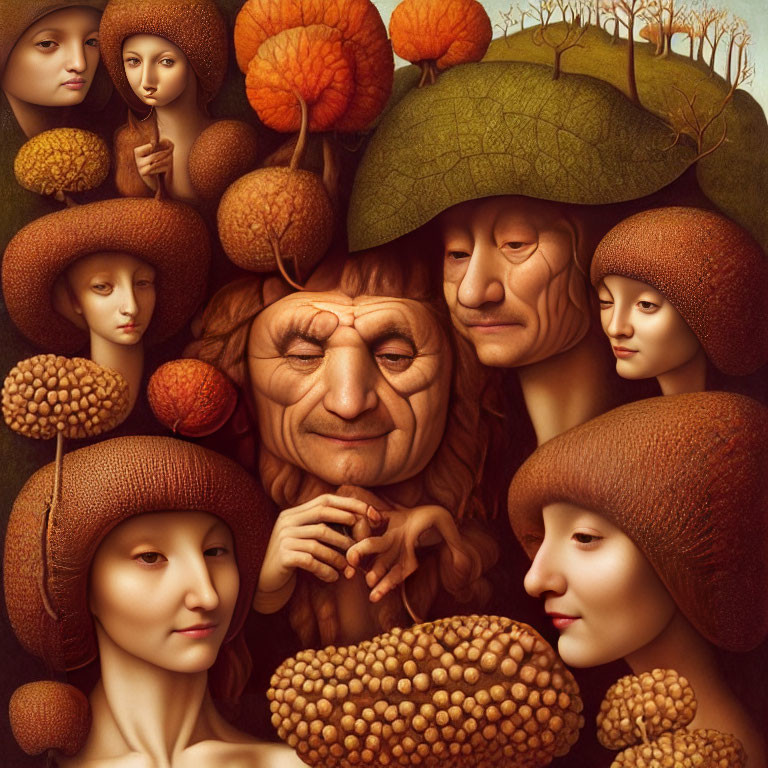 Surreal portrait with tree-like figures and autumnal caps