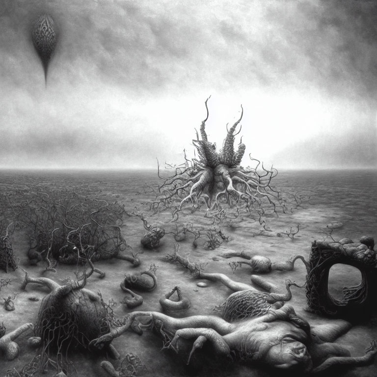 Monochrome surreal drawing of alien landscape with root structures