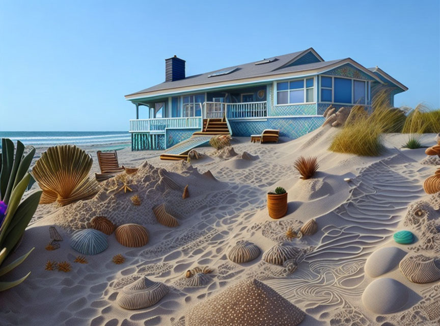 Ocean-view beachfront house with blue and white exterior and sandy surroundings.