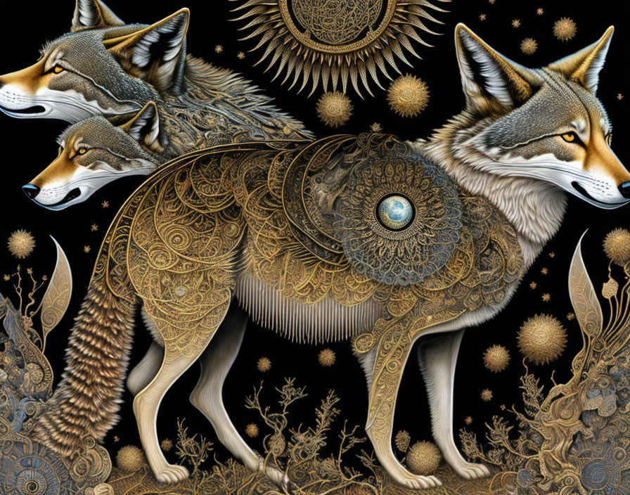 Detailed Stylized Wolves Artwork with Celestial Elements