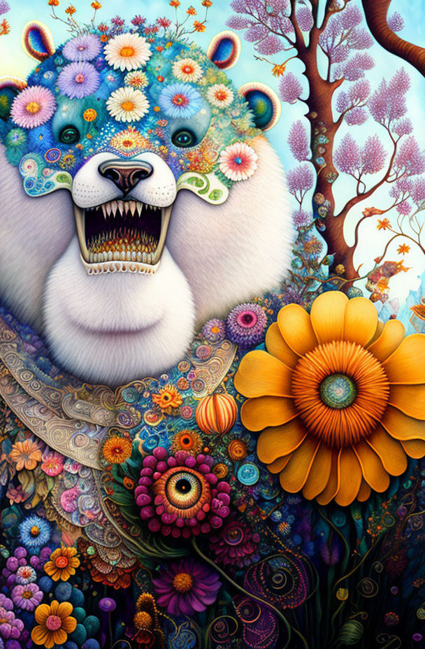 Colorful Illustration of Floral Bear Among Flowers & Foliage