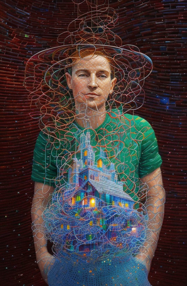 Colorful Thread Halo and Network Painting: Person with Building Structure