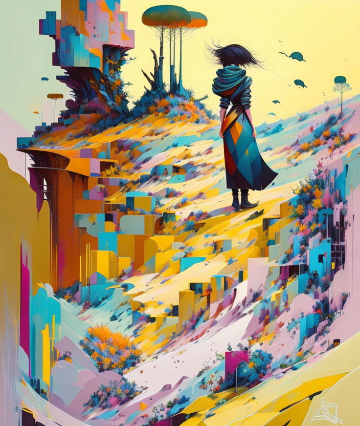 Colorful Cloaked Figure on Vibrant Stylized Landscape