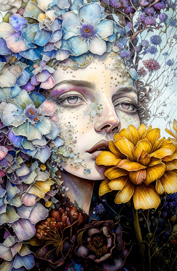 Woman's Face Partially Covered with Vibrant Flowers in Blue, Purple, and Yellow