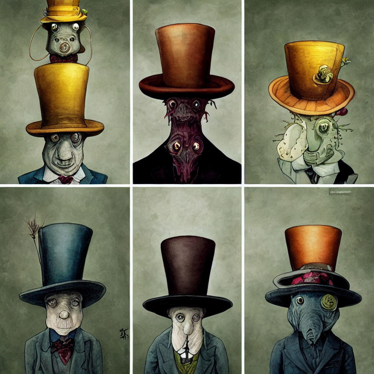 Whimsical character illustrations with oversized top hats containing animals or objects