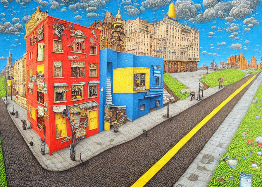 Colorful surreal street scene with distorted buildings and whimsical urban touch