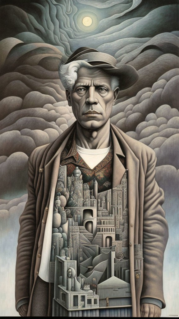 Architectural structures within stern-faced man under cloudy sky.