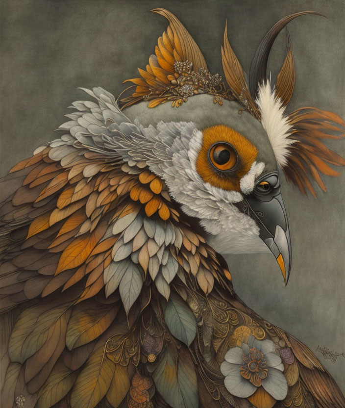 Detailed Stylized Bird Illustration in Brown, Orange, and Gray