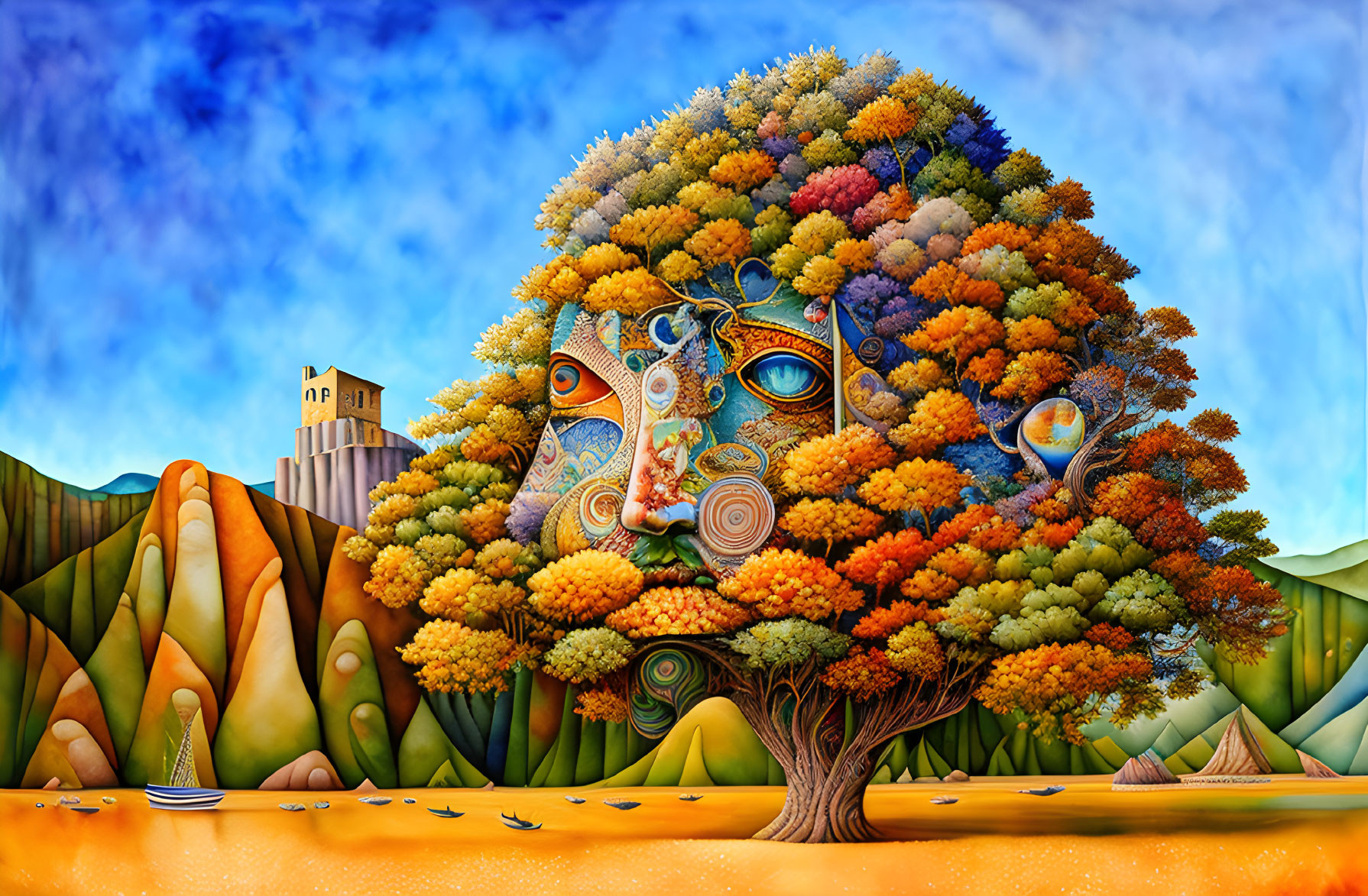 Colorful Surrealist Painting of Tree with Face and Castle Landscape