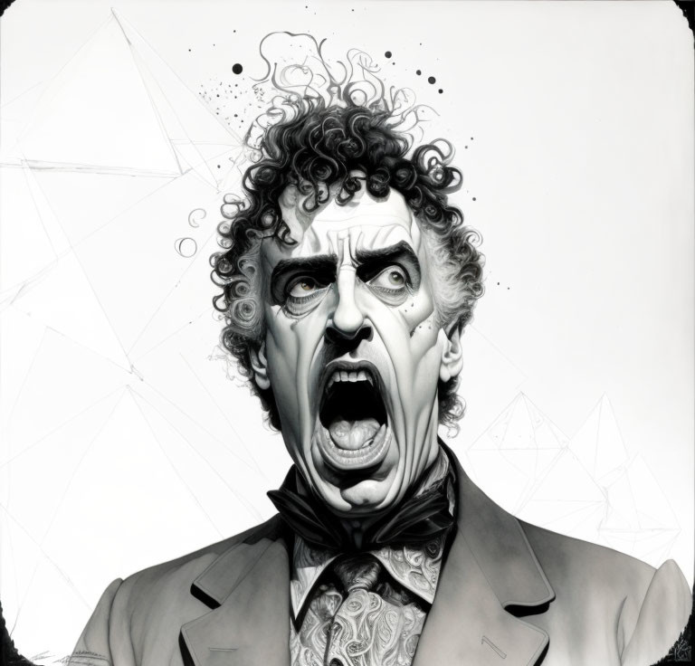 Monochrome illustration of shocked man with disheveled hair on geometric background