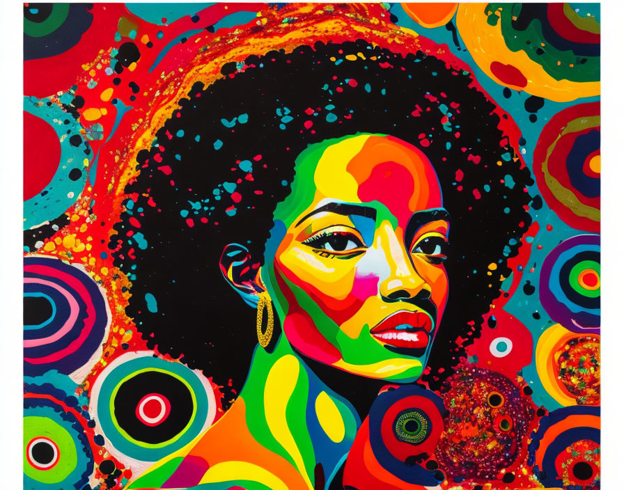 Colorful Abstract Portrait of Woman with Afro Amidst Circular Patterns