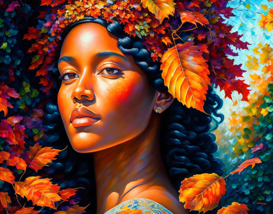 Woman with Autumn Leaves in Hair: Vibrant Fall Painting