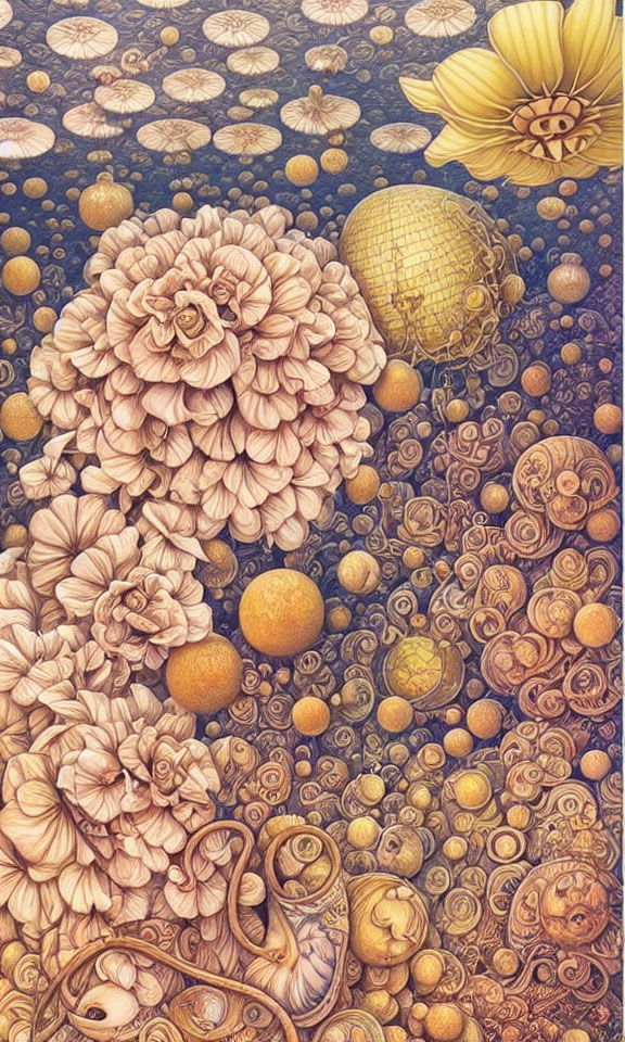 Detailed floral and sphere patterns in retro style artwork.