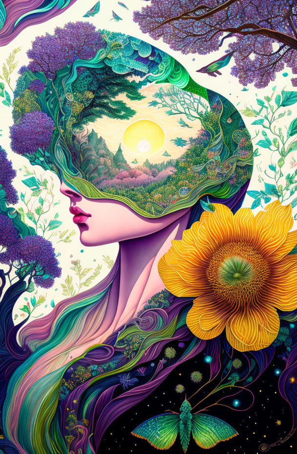 Illustration of blindfolded woman with landscape hair and vibrant flora