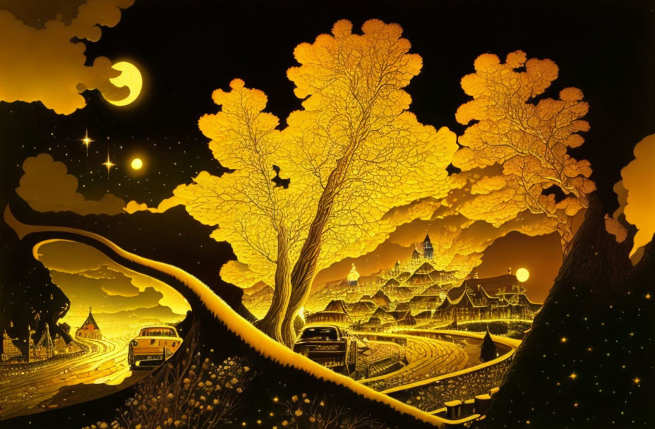 Detailed nocturnal scene with trees, birds, cars, and buildings under starry sky.