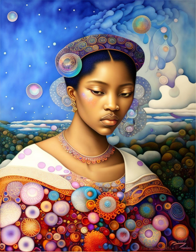 Colorful surreal portrait of woman with bubbles in fantastical landscape