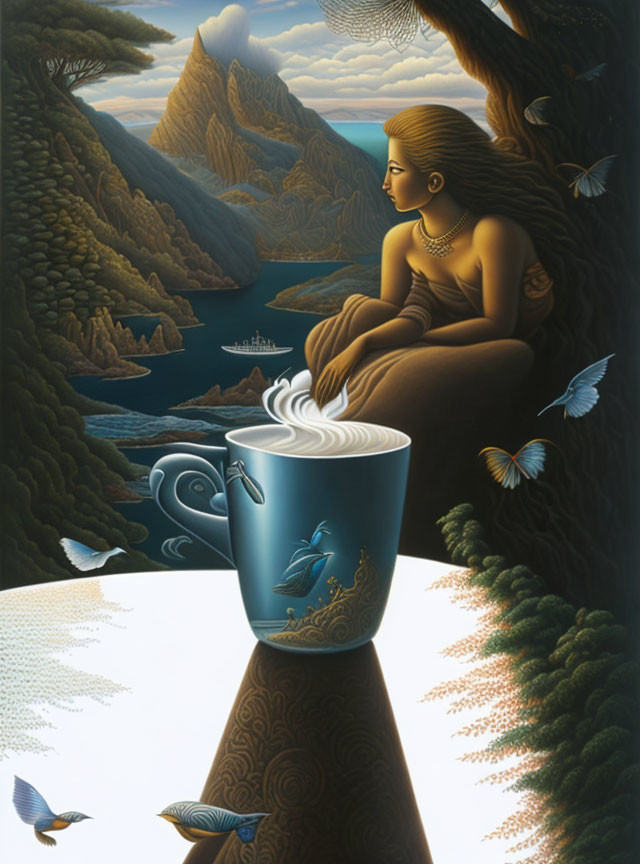 Surreal artwork: woman fused with mountain landscape, latte with whale design, butterflies, nature