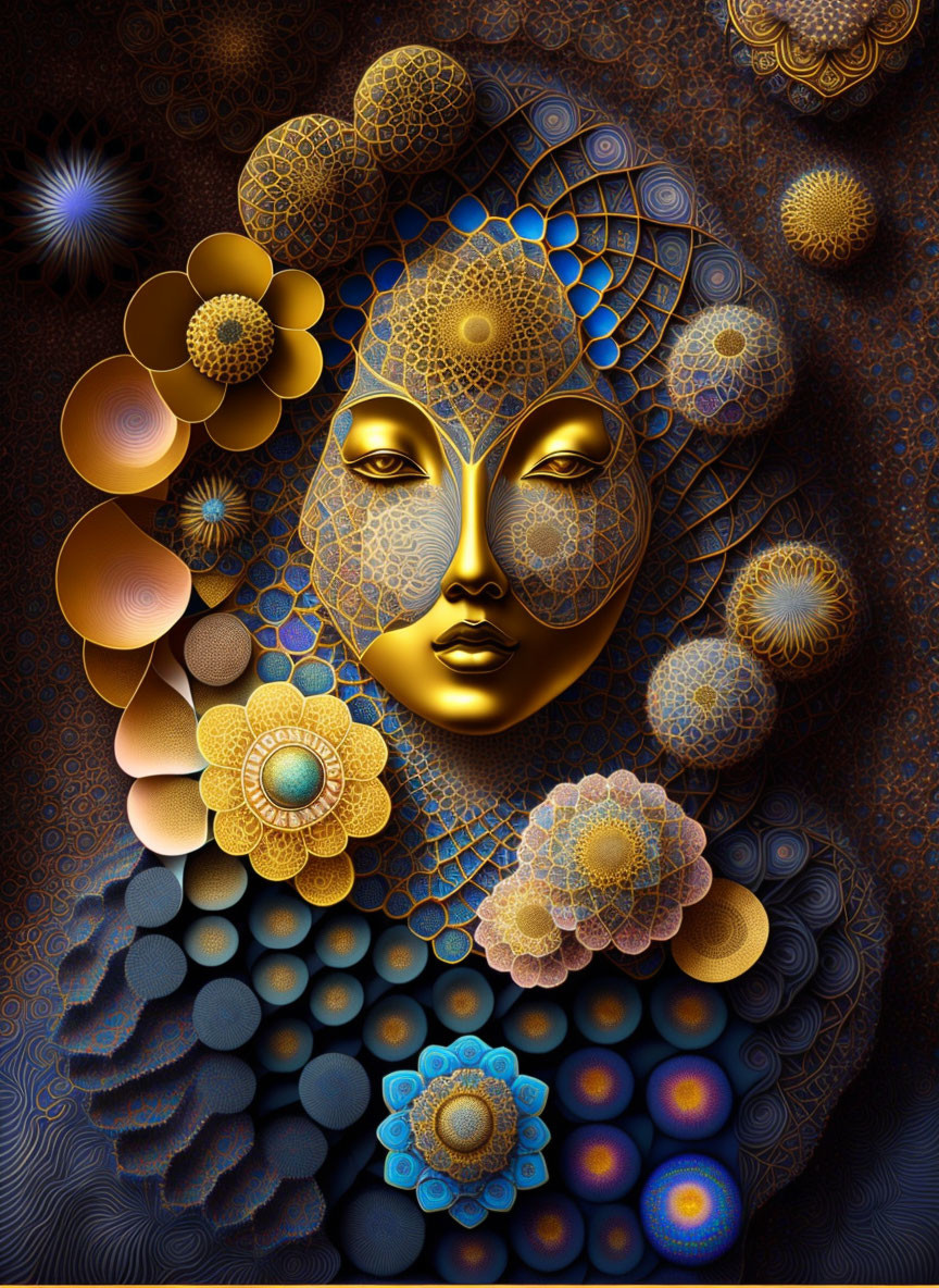 Golden serene face with mandala and floral designs in digital art