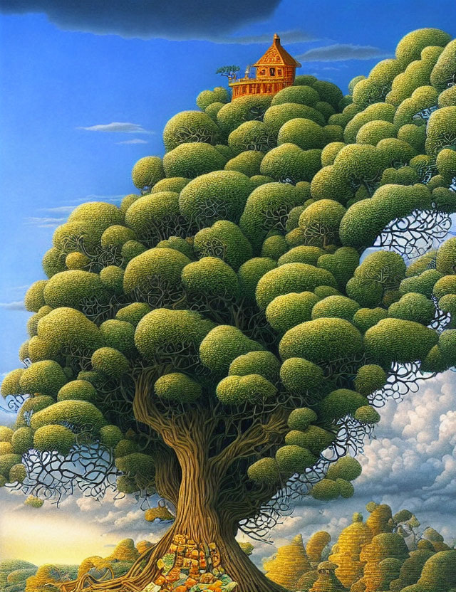 Whimsical painting of massive tree with cottage under blue sky