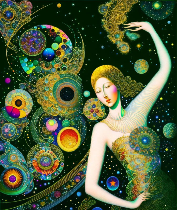 Stylized image of woman with closed eyes in cosmic setting