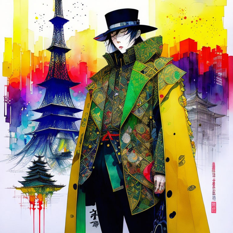 Character in modernized Asian outfit against vibrant cityscape with Eastern architecture