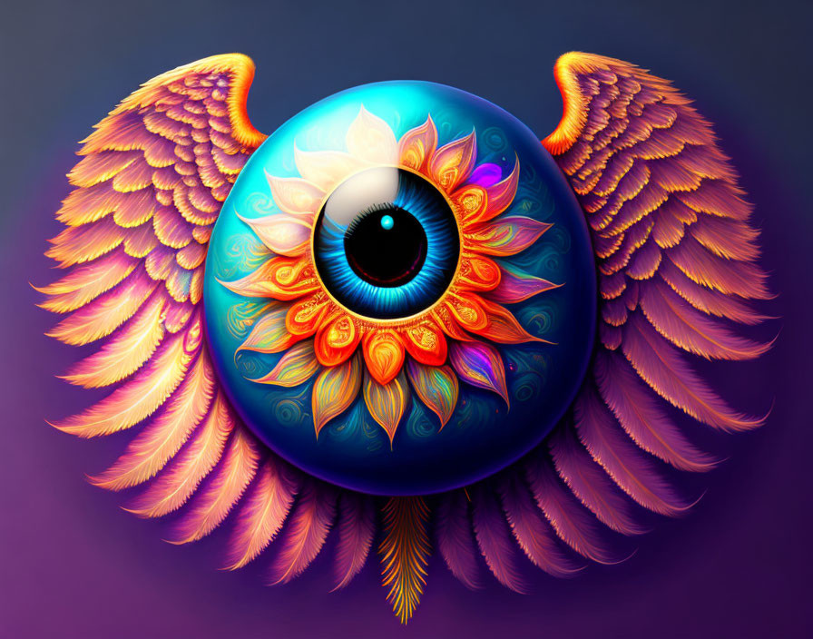 Colorful feather and floral patterns on stylized eye illustration