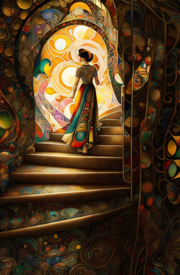 Person in Colorful Dress Climbs Spiral Staircase with Ornate Patterns