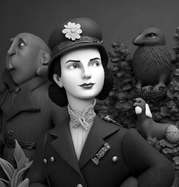 Monochrome vintage-style image with woman, man, bird, and crow.