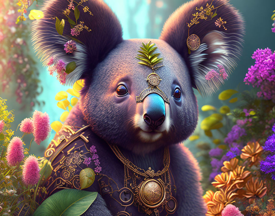 Detailed Fantasy Koala Artwork with Golden Armor & Floral Background