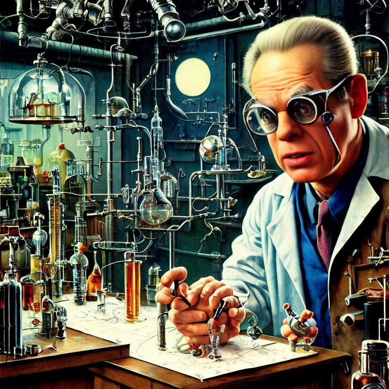 Scientist in cluttered lab with large glasses and pen