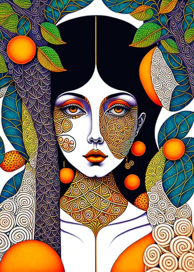 Vivid illustration of woman with intricate patterns and foliage