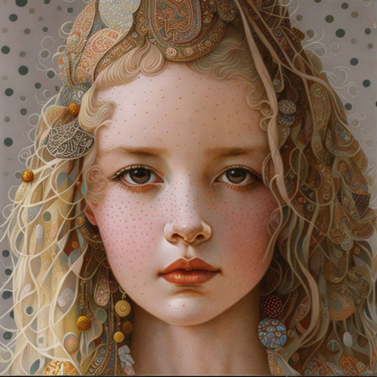 Detailed painting of young girl with ornate headwear and curly blonde hair